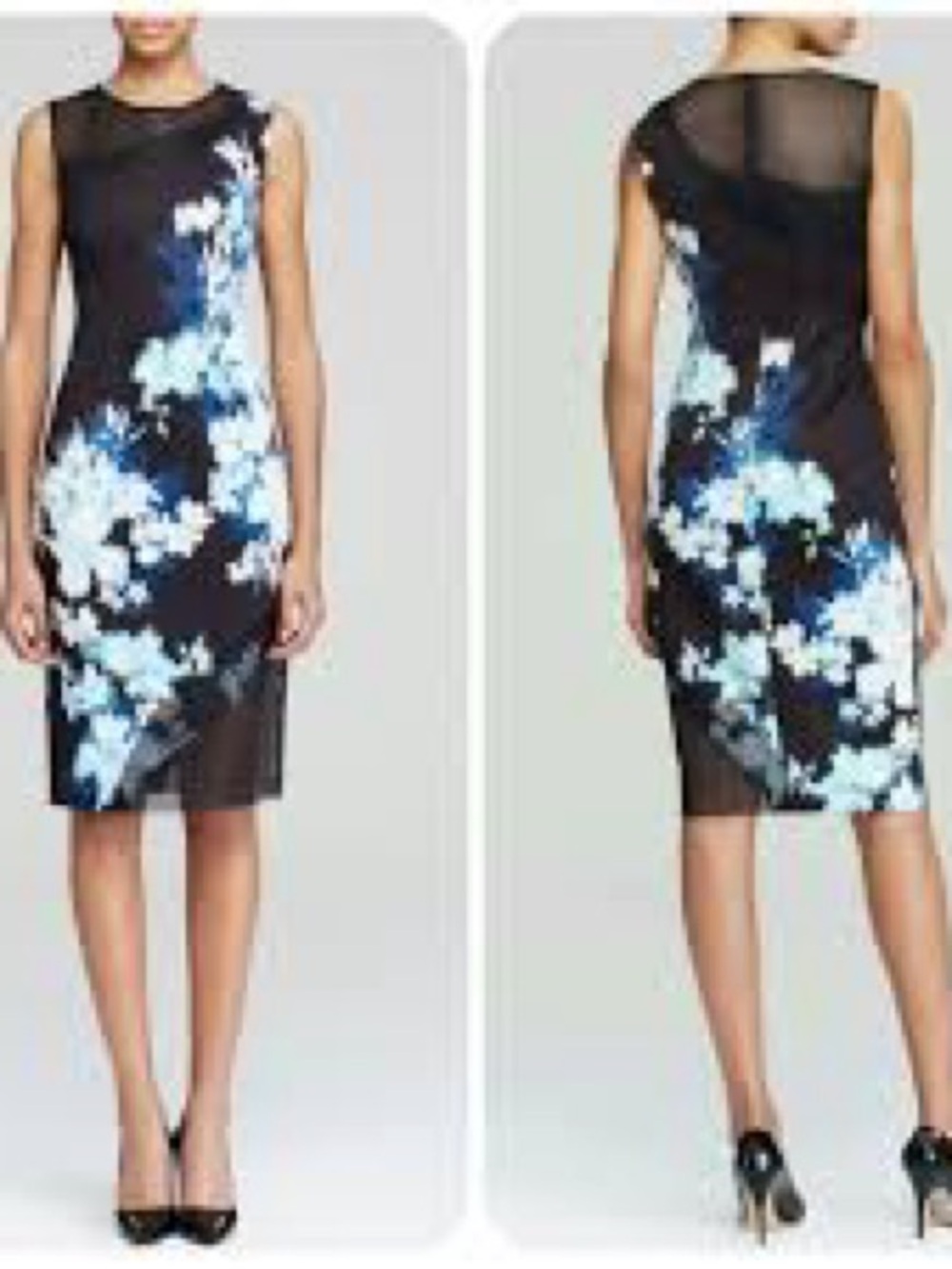 Elie Tahari Floral Print Mesh Illusion Neckline Sleeveless Sheath Midi Dress 4